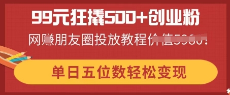 99元狂撬500+创业粉，单日五位数轻松变现，网创朋友圈投放教程-副业网